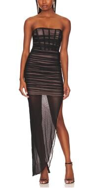 Nookie Black Mesh Ruched Maxi Dress XS Bustier Slimming Bodycon Designer $380